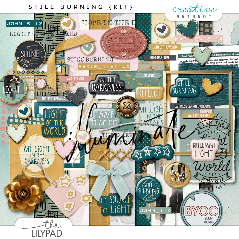 Faith-based digital scrapbooking kit with Scripture word art about light and hope, watercolor papers, hearts, tags, buttons, bows, and textured embellishments in soft neutral, teal, sage, blush, and gold tones