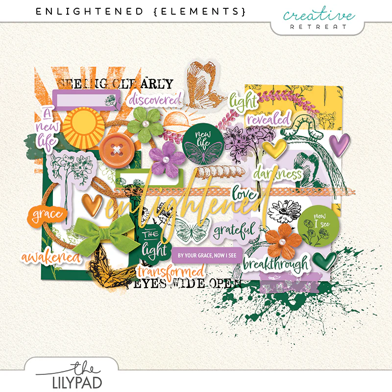 Colorful faith-inspired digital scrapbooking elements featuring floral embellishments, butterflies, hearts, paint textures, and uplifting word art in yellow, green, orange, and lavender tones.