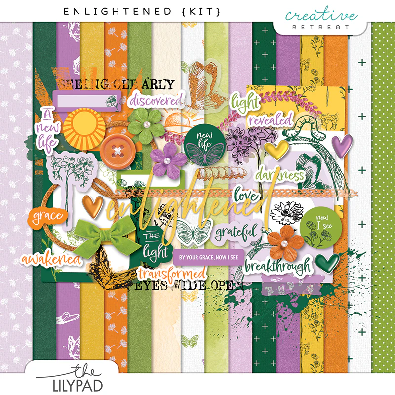 Colorful faith-inspired digital scrapbooking kit featuring mixed media papers, floral embellishments, butterflies, hearts, paint textures, and uplifting word art in yellow, green, orange, and lavender tones.