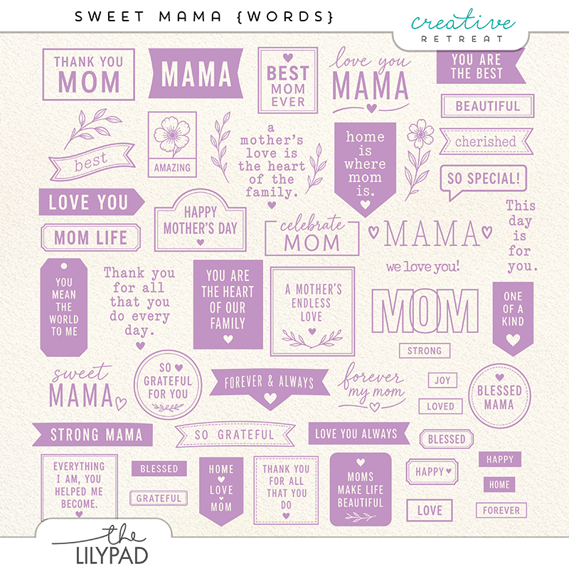 Purple digital scrapbooking word art set featuring over 50 elements including sentiment labels, banners, tags, badges, and script phrases celebrating moms and mothers, with sayings such as Love You Mama, Strong Mama, Happy Mother's Day, and A Mother's Endless Love.